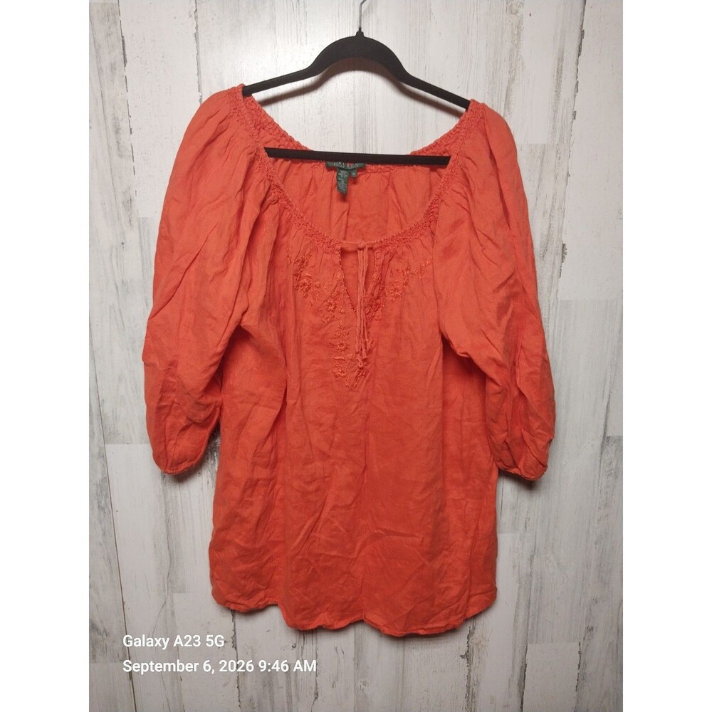 Lauren Ralph Lauren Linen Top Womens 2X Orange Boho Peasant Blouse Embroidered